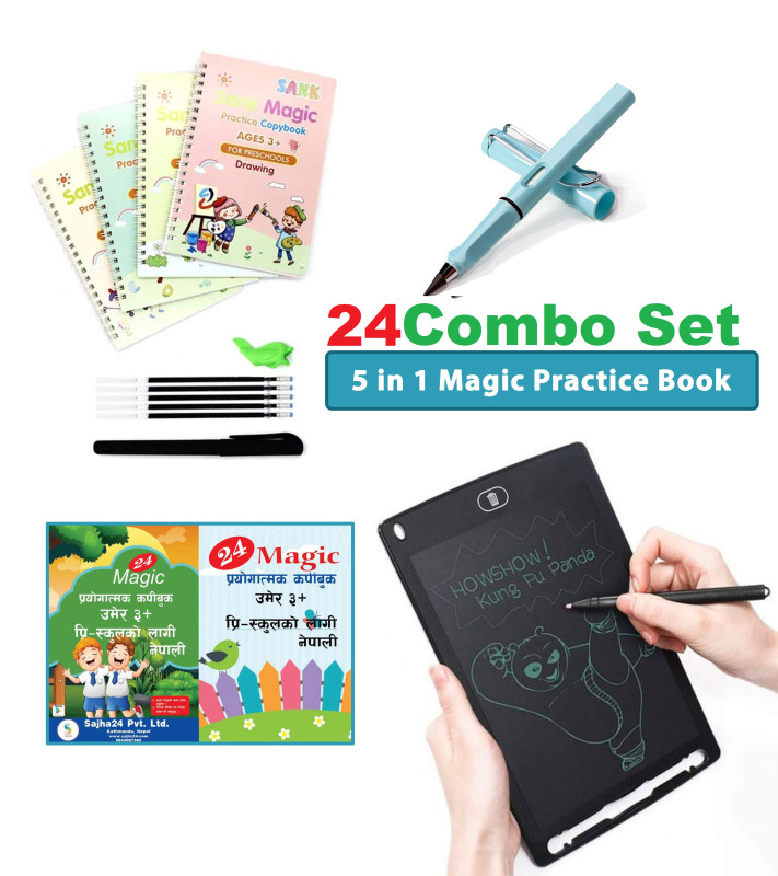5 Sank Magic practice copy book, 1 LED Writing Tab, 1 Infinity Smart Pencil, 2 Magic Pen with 20 refill Combo Set